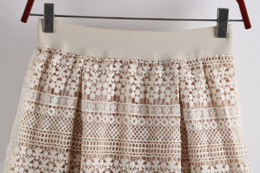 OZEO Röcke,Damen Midirock Beige Hohe Taille Haken Blumenstickerei Plissee Skir Retro A-Linie Große Schaukel Geraffte Elegante Lange Röcke Für Damen Mädchen Herbst,S