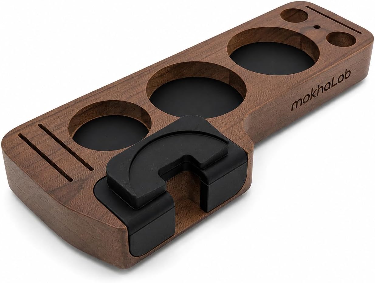 58mm Walnut Tamping Station & Portafilter Holder | Compact Espresso Organizer with Multi-Accessory Storage