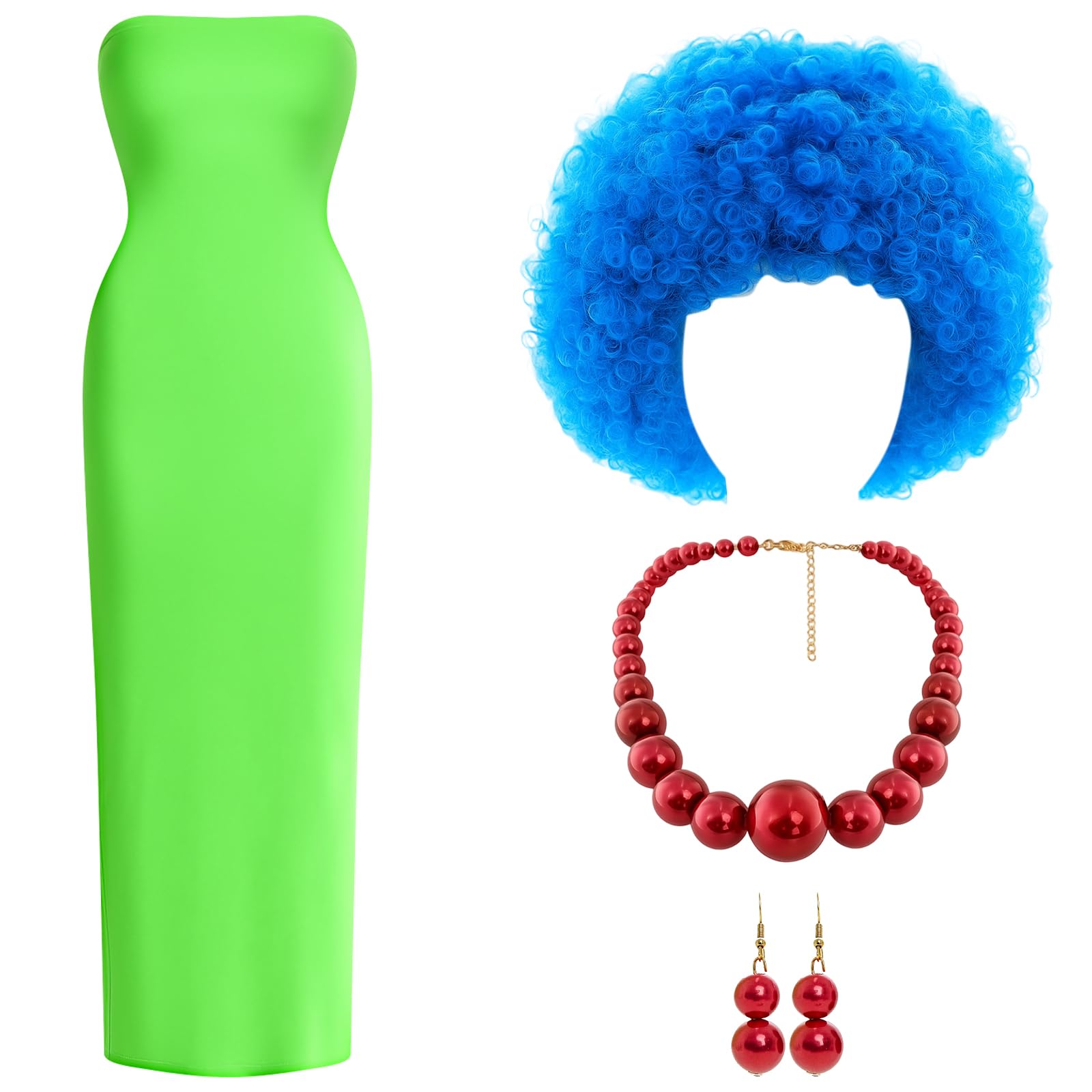 Mepase 4-teiliges Cartoon-Halloween-Kostüm-Zubehör-Set, blaue Perücke, Kleid, Schnur, Halskette, Ohrringe, Cartoon-Charakter für Damen
