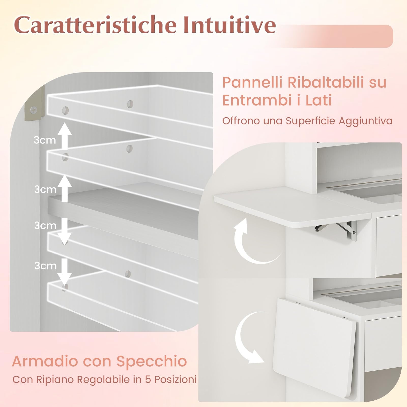 COSTWAY Toeletta Trucco con Luci LED, Tavolo da Trucco con Specchio e Stazione di Ricarica, Postazione Trucco con Cassetto, 2 Piani d'Appoggio a Ribalta, Bianco (Modello 3)