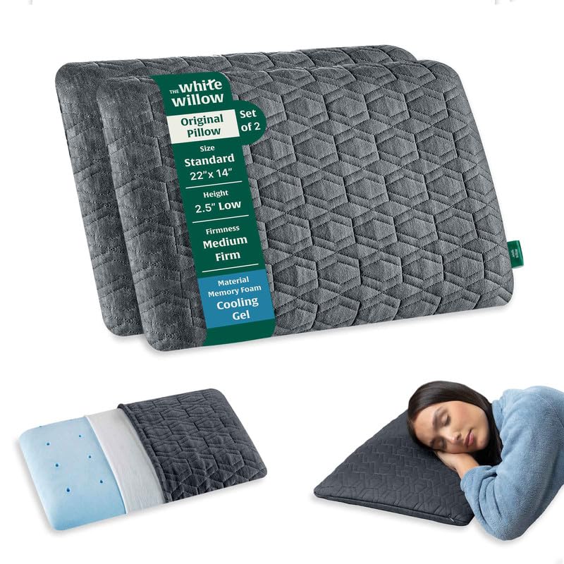 The White Willow Thin Pillow for Sleeping-Slim Memory Foam Set of 2-Cool Gel Slim Support for Neck & Shoulder Pain Relief-Flat Design-Orthopedic Cervical Neck Support-Standard Size-2.5" H-Grey