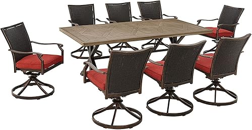 Hanover Traditions Farmhouse - Juego de comedor de 9 piezas para patio al aire libre, 8 sillas mecedoras giratorias acolchadas con respaldo de
