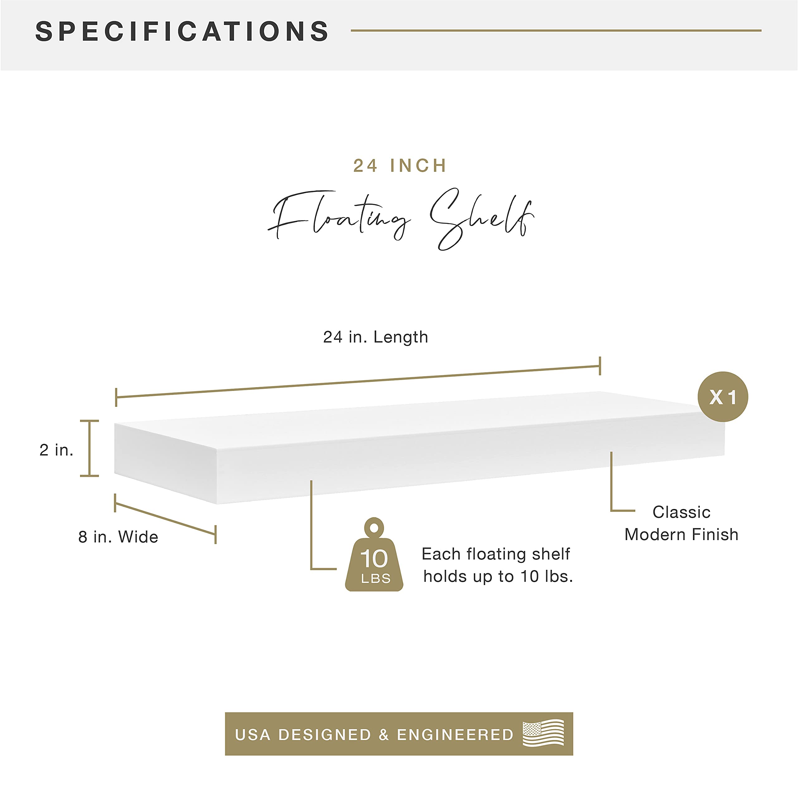 MCS Floating Shelf, Room Decor Wooden Shelf, White, 24 x 8 Inch