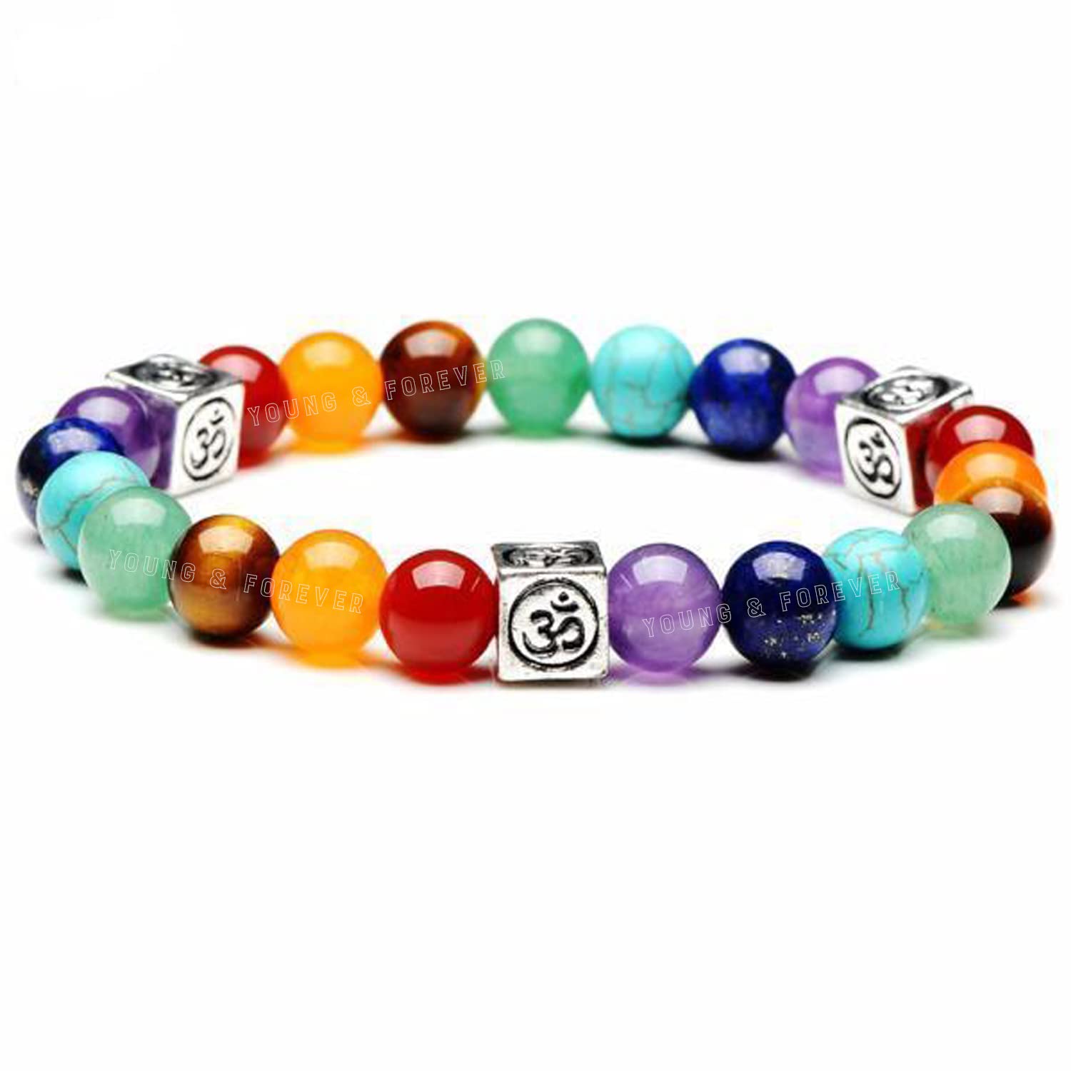 Young & ForeverGift D'Vine 7 Chakra Certified Natural Stones Reiki Healing Meditation and Protection 8-9mm Crystal Beads Multicolor Bracelet for Men and Women