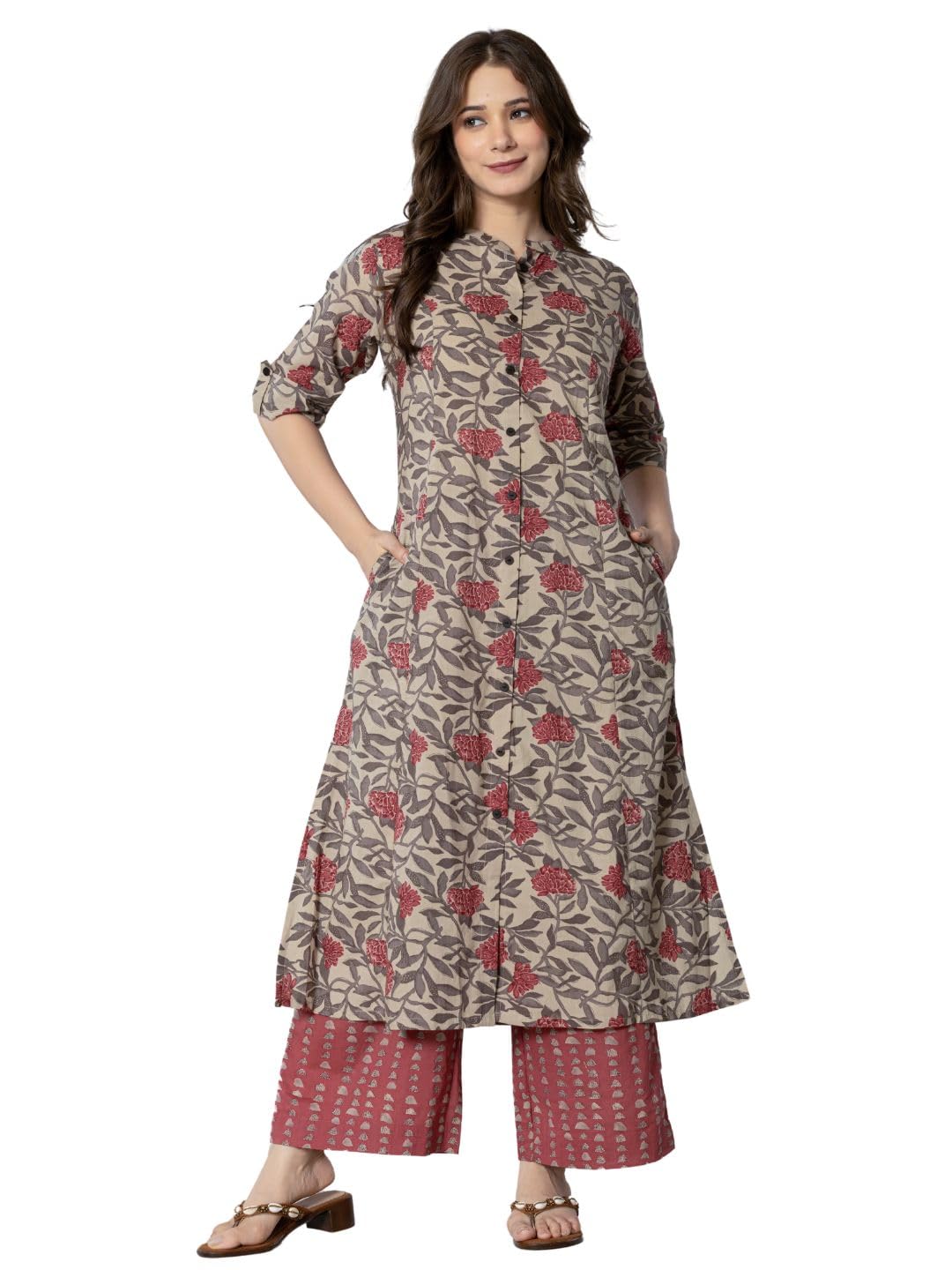 Women's Cotton Printed A-Line Kurta with Palazzo Pant Set