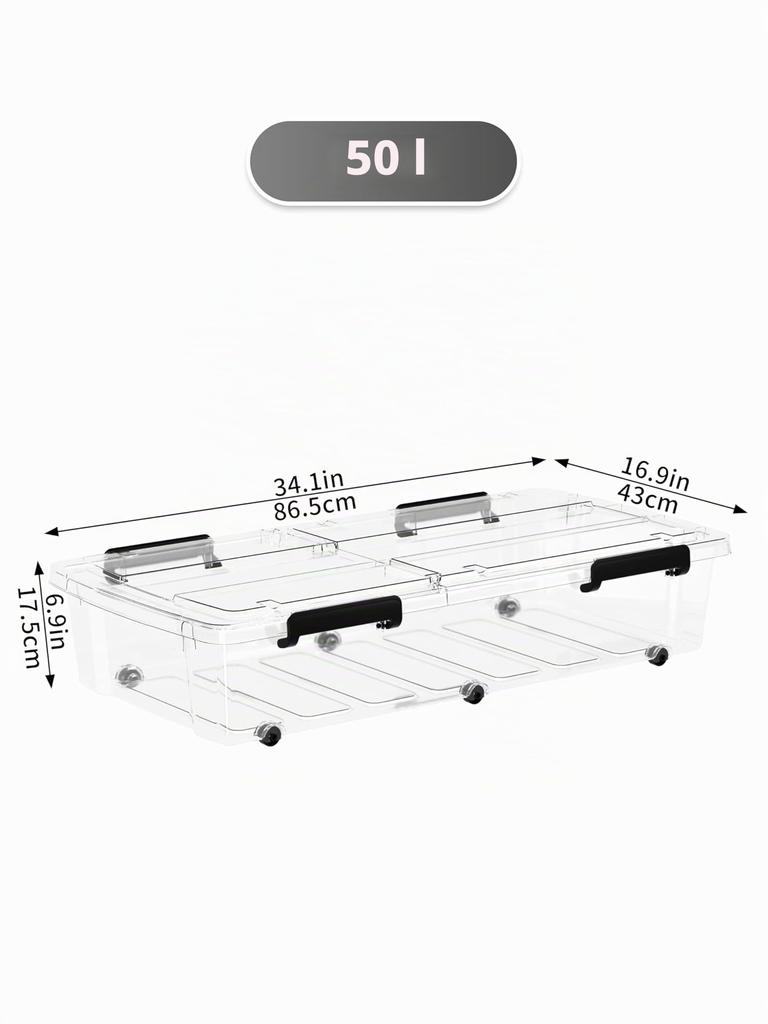 Cetomo 50L*4 Cajas de Almacenamiento con Ruedas, Contenedor bajo La Cama con Tapas de Doble Apertura, Caja Organizaora Plana y Duradera para el Dormitorio, Apilables, Transparencia, 50L-Unidad de 4