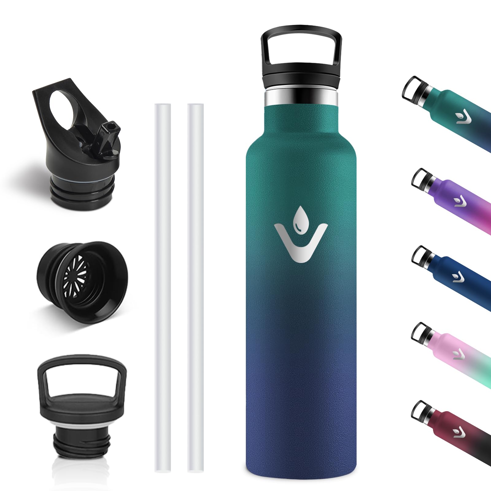 Vikastar Stainless Steel Thermos Flask 750 ml BPA-Free Drinking Bottle with Straw for School Sports Bike Camping Dark Green & Dark Blue