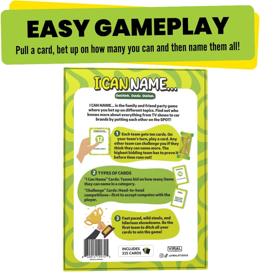 I Can Name... | Fast-Paced Family Party Game of Bidding & Brainpower | Hilarious Card Game Night, Party Game for Teens, and Adults, for Groups and Gatherings | 325 Fun Challenge Cards