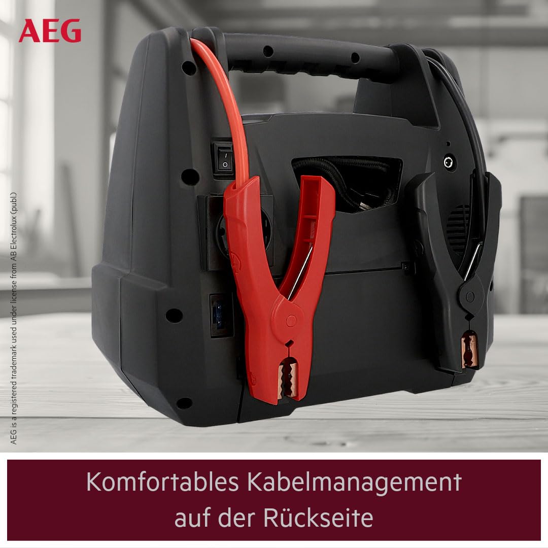 AEG Tragbare 12V Energiestation Auto Starthilfe, Powerstation mit Luftkompressor, 220V Spannungswandler, Steckdose,mit 4 USB, Kompatibel mit PKW, Schwarz/Rot
