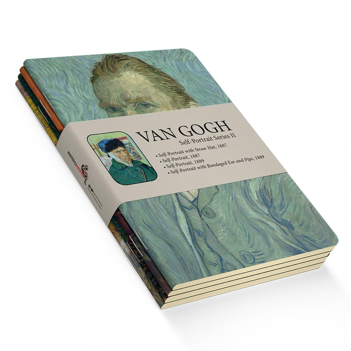 Retronote Set di 4 quaderni Van Gogh serie II - A5, senza righe, totale 256 pagine, 64 pagine, rilegatura a filo, copertina flessibile, bordo ovale, texture tela, 60 grammi, giallo crema