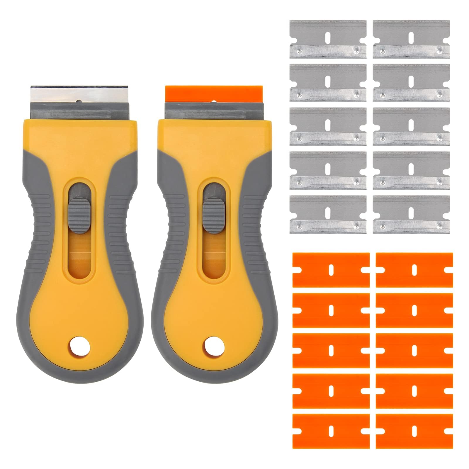 2 PCS Glass & Ceramic Scraper, Adjustable Paint Scraper with 20 Steel & Plastic Sticker Remover Tool Accessories for Cleaning Paint, Sticker, Floor Decals