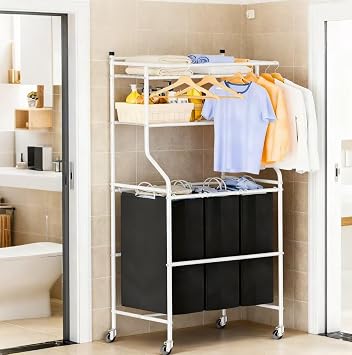 Laundry Sorter with Hanging Clothes Rack, Rolling Laundry Cart with Wheels & Shelf, 42 Gal 160L 3 Section Basket Organizer, White