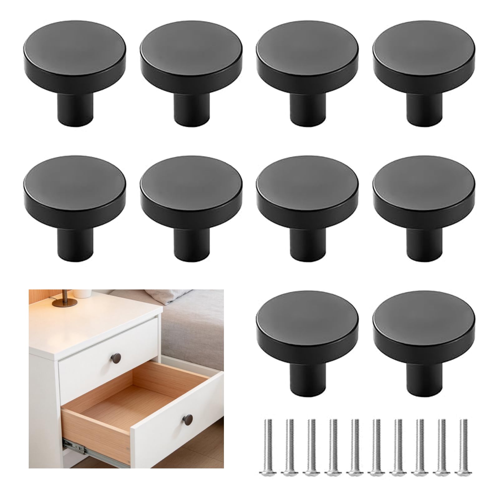 10Pcs Kitchen Cabinet Knobs Drawer Knobs 25mm Black Door Knobs with Screws Vintage Round Matt Door Knob for Kitchen Cabinet Drawer Wardrobe Furniture Dresser Kitchen Wardrobes Bathroom Home Decoration