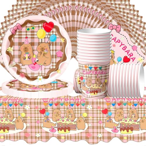 Juego de vajilla para fiestas de 61 piezas con diseños de capibaras de dibujos animados. Este juego de vajilla para fiestas incluye servilletas, vasos de papel, platos de papel y un mantel