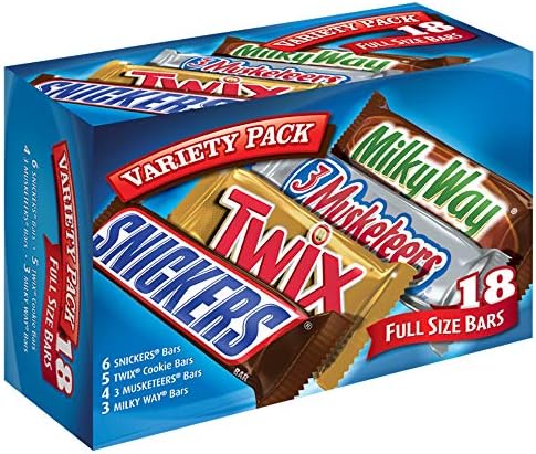 Amazon.com : SNICKERS, TWIX, 3 MUSKETEERS, MILKY WAY Full Size Halloween Chocolate Candy Variety Pack, 18 ct Bulk Candy Box
