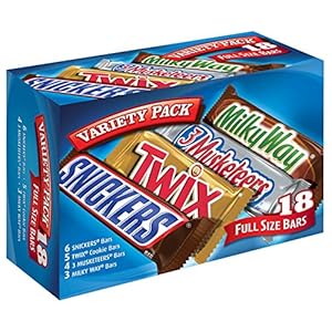 SNICKERS, TWIX, 3 MUSKETEERS & MILKY WAY Full Size Bars Variety Mix, 18-Count Box