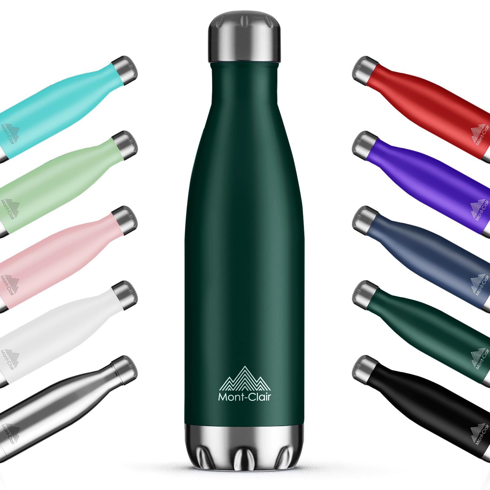 Mont-Clair H2O Stainless Steel Water Bottle, Vacuum Insulated - BPA Free, 12h Hot & 24h Cold Drinks, Metal Water Bottle 500ML Leakproof, Ideal for Adult, Kids, Running - Dark Green