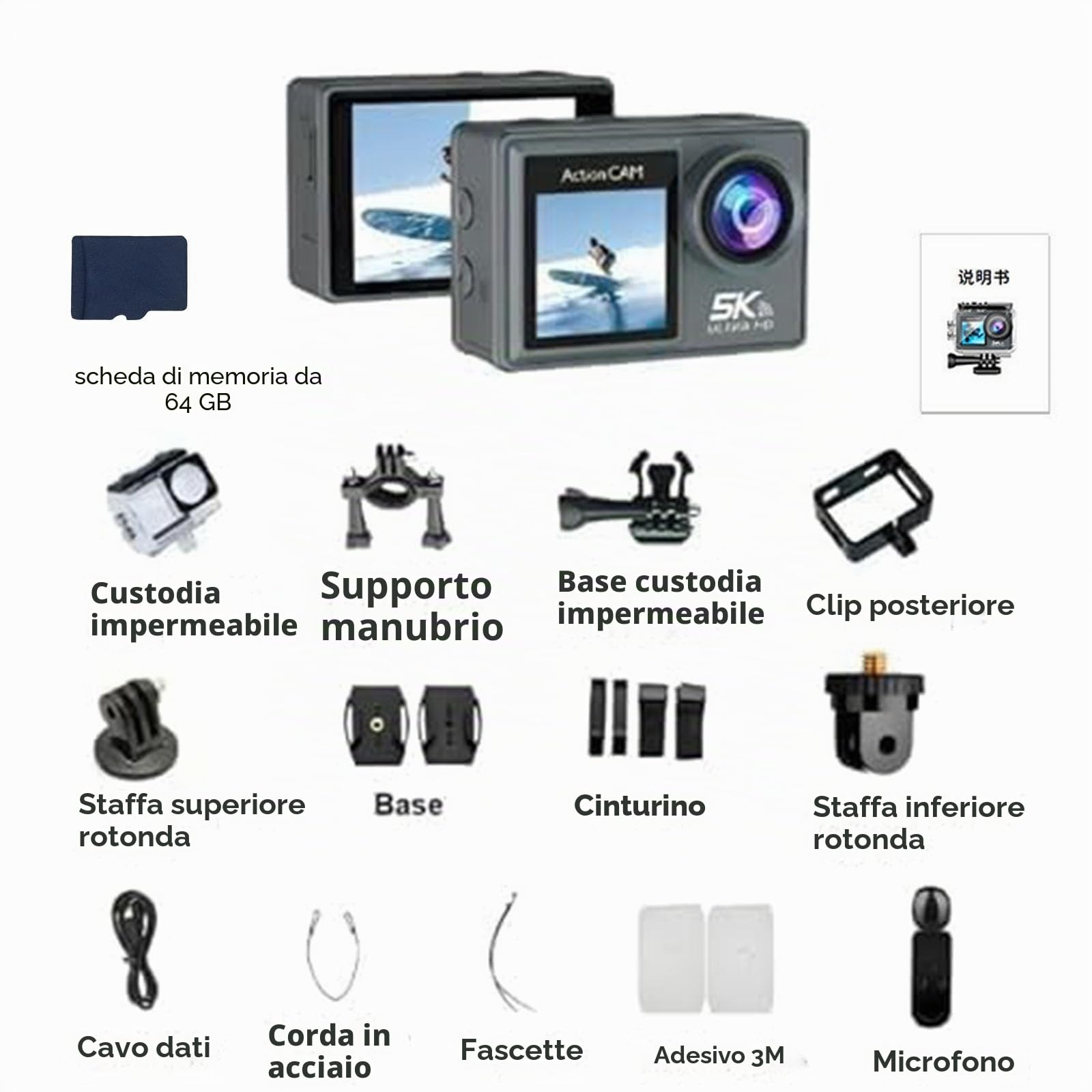 Puruxe Action Camera + scheda di memoria da 64 GB, 5 K, 24 megapixel, completamente attrezzata con accessori, supporta la funzione di telecomando, adatta per registrare vlog e