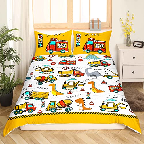 Enfants Construction Housse de Couette Mignon Dessin Animé Dinosaure Parure de Lit 140x200cm pour Tout-Petit Équipement Camions Pelles Voiture Parure Housse de Couette Machinery Camion Dino Decor Cover