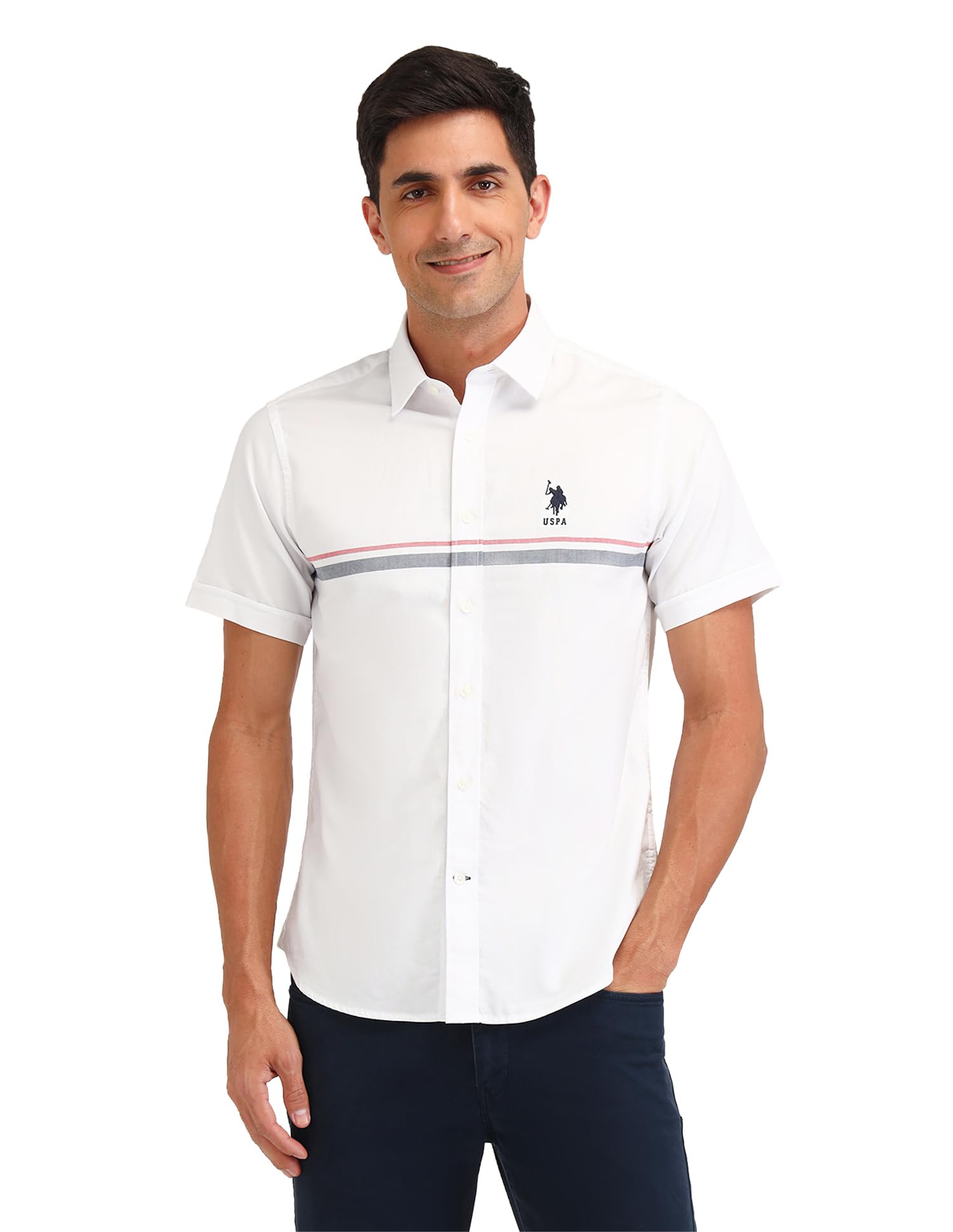 Mens White Striped Spread Collar Half Sleeve Casual Cotton Tailored Fit Shirt-image-1