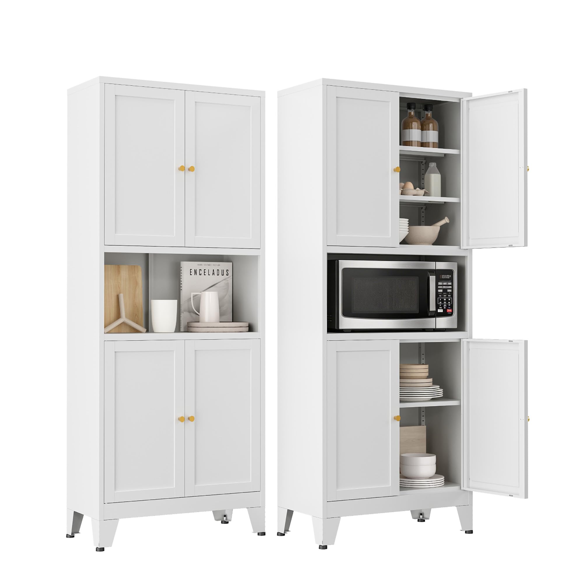 69" H Metal Pantry Cabinet with Open Shelf,13.78“Deep By 28" Wide Storage Cabinet with Doors and Adjustable Shelves,Microwave Stand,for Kitchen Dining Room Bathroom,White 1Pc