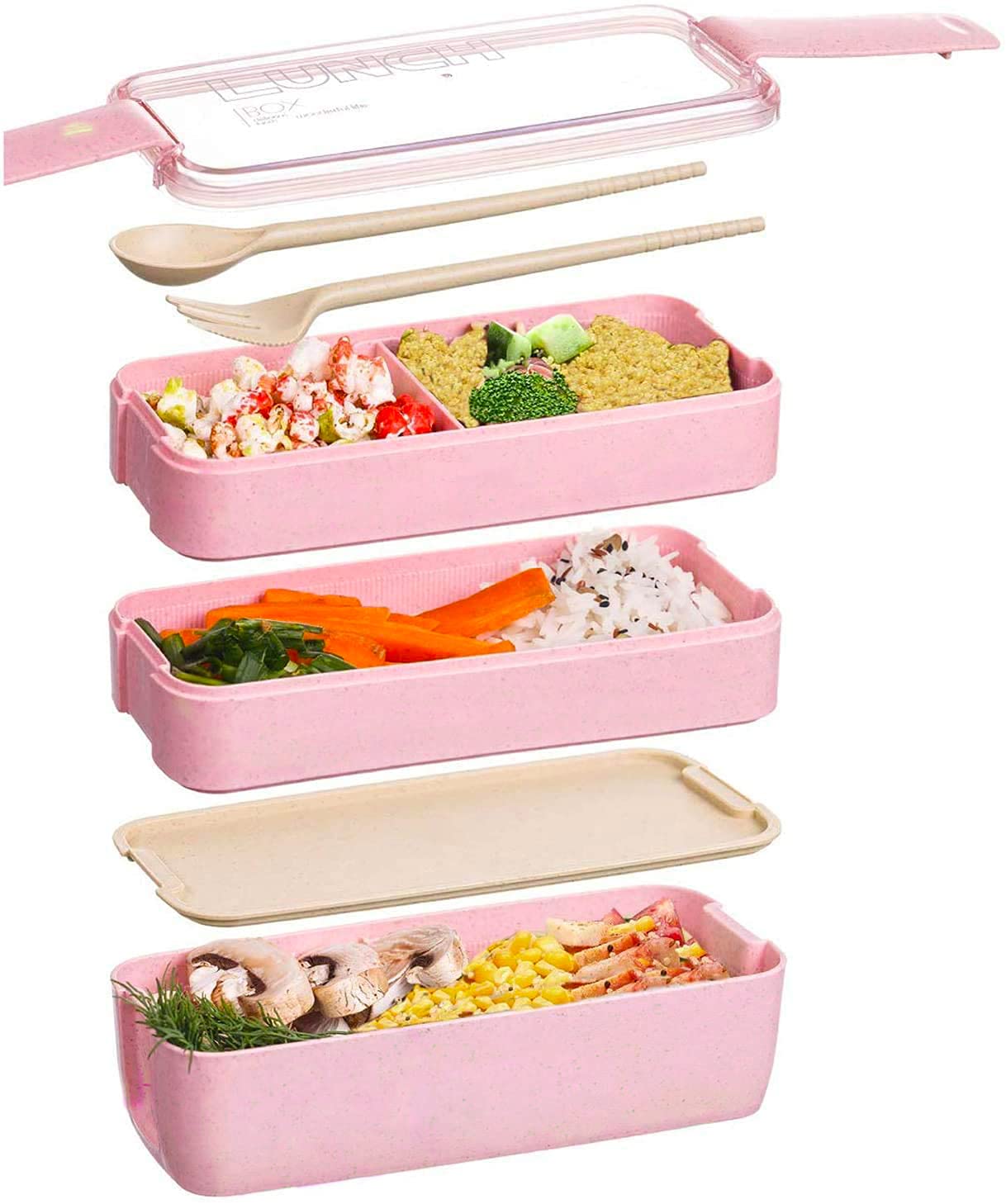 Meider Japanese Bento Box lunch Box,3-in-1 Compartment, Bento Lunch Box Meal Prep Containers with Fork,Spoon(Pink)