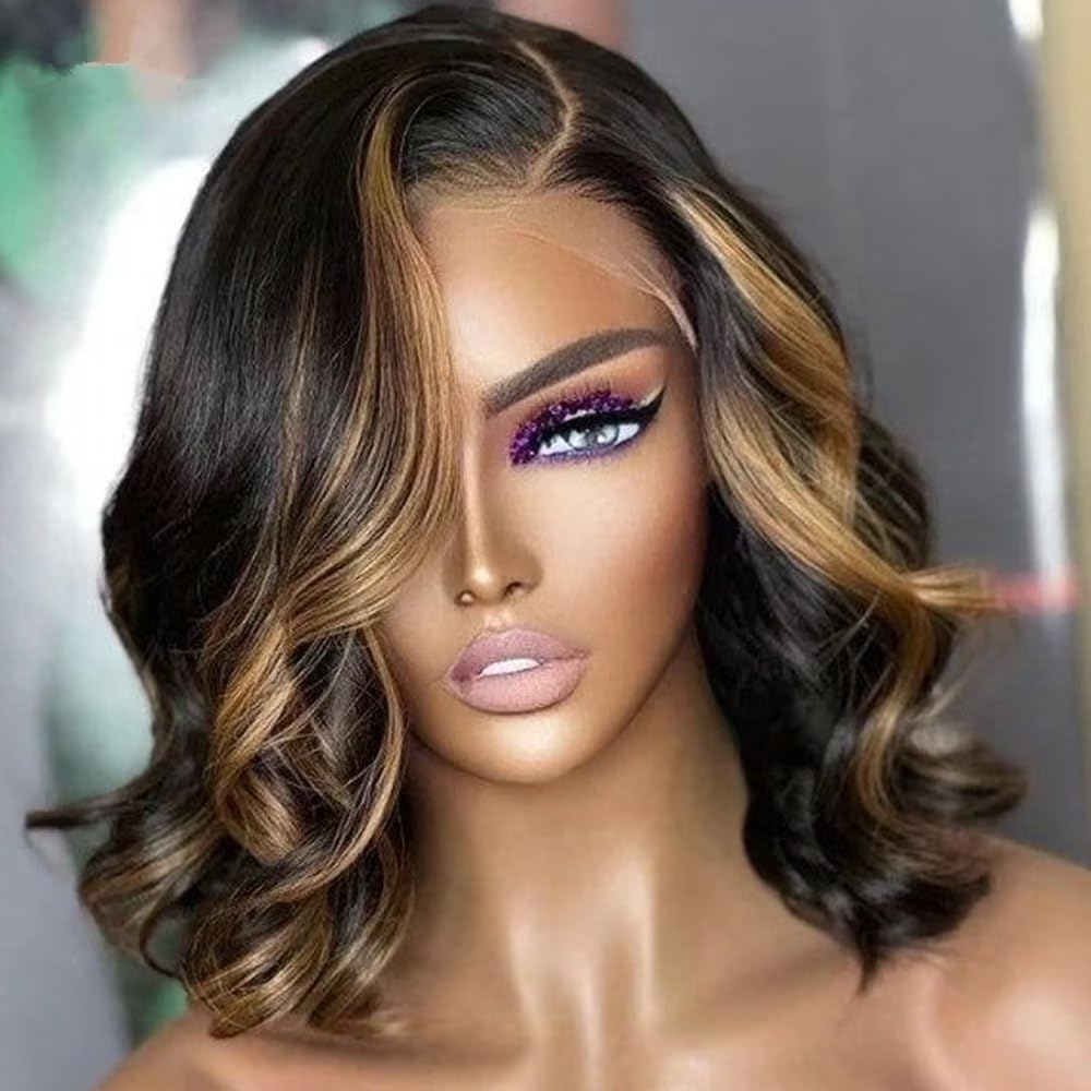 Short Body Wave Human Hair Wigs Pre Plucked 1B/27 Ombre Color 13X6 HD Lace Frontal Wigs Honey Blonde Highlight Human Hair Wigs 150% Density Short Bob Wavy Glueless Wigs For Woman 14"