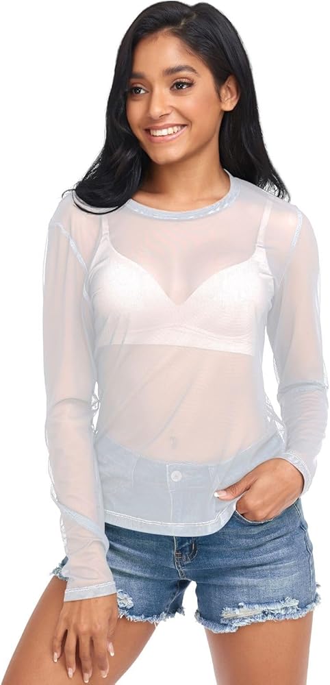 White Women's Long Sleeve See Through Mesh Sheer Top Blouse Shirt