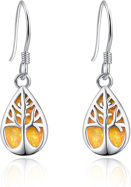 Tree of Life Drop Earrings 925 Sterling Silver Life Earring Hooks with Opal Tree of Life Dangly Earrings Jewellery Gift for Woman