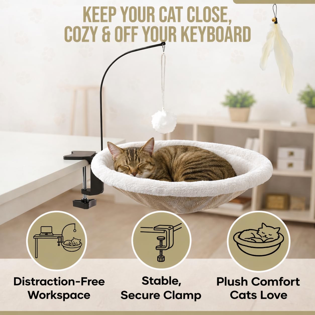 Cat Desk Bed for Home Office – Plush Clamp-On Cat Hammock with Hanging Feather and Ball Toy, Non-Slip Heavy-Duty Mount, Space-Saving Desk Mounted Cat Bed for Remote Workers Supports 40 lbs