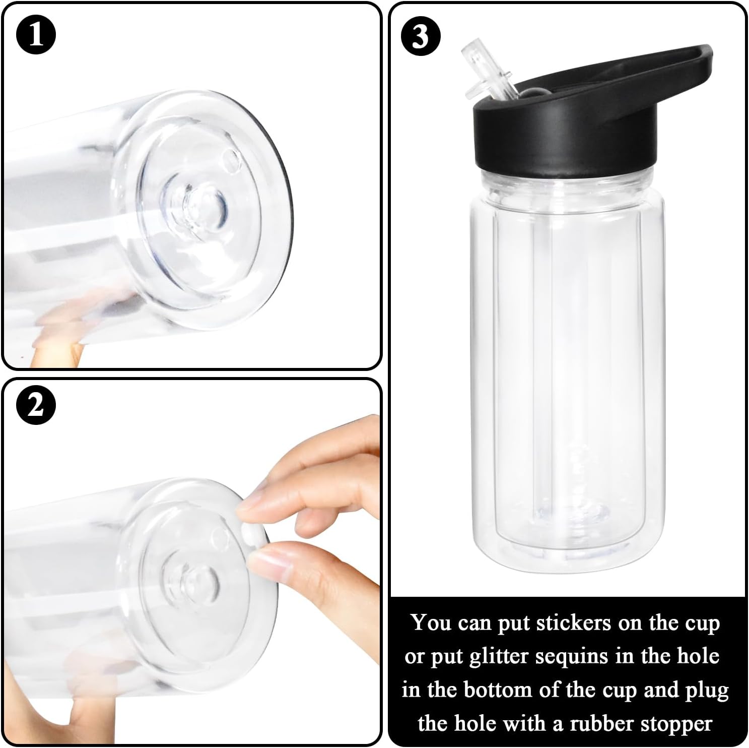 10OZ Plastic Snow Globe Tumbler, 8pack - Double Wall Clear Construction with Pre-Drilled Hole & Stopper, Leak-Proof Design, Portable Handle Lid, Perfect for Glitter DIY, Personalized Gifts, Black - Image 3