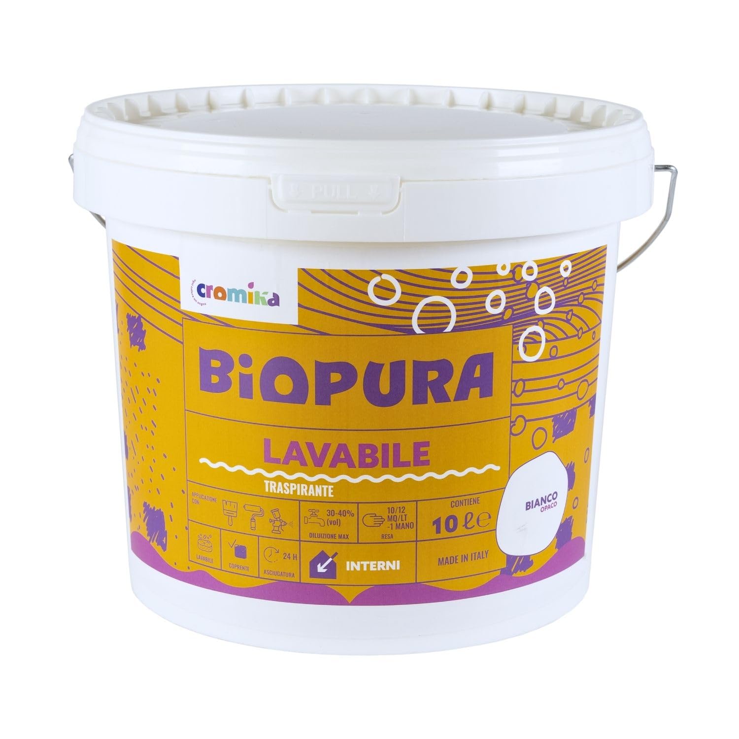 CROMIKA BIOPURA Pittura Lavabile Traspirante per Interni, Alta Copertura Rullo Pennello Spruzzo Finitura Opaca Made in Italy (Bianco, Litri 10)