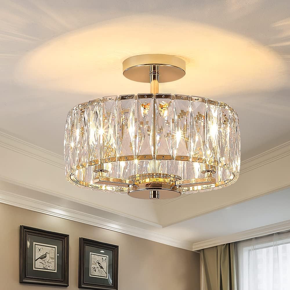 MSSIAN Gold Modern K9 Crystal Chandelier Contemporary Round Ceiling Light Fixture,Small Flush Mount Chandelier Round E14*3Light Pendant Lighting for Living Room Dining Room Bedroom Entryway W32cm