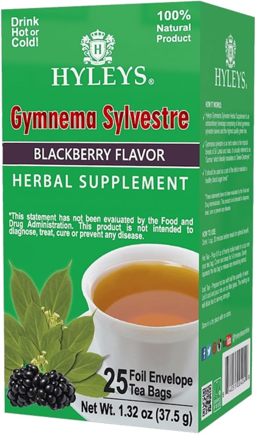Hyleys Gymnema Sylvestre with Green Tea - Blackberry Flavor - 25 Tea Bags - Herbal Supplement Gurmar Tea
