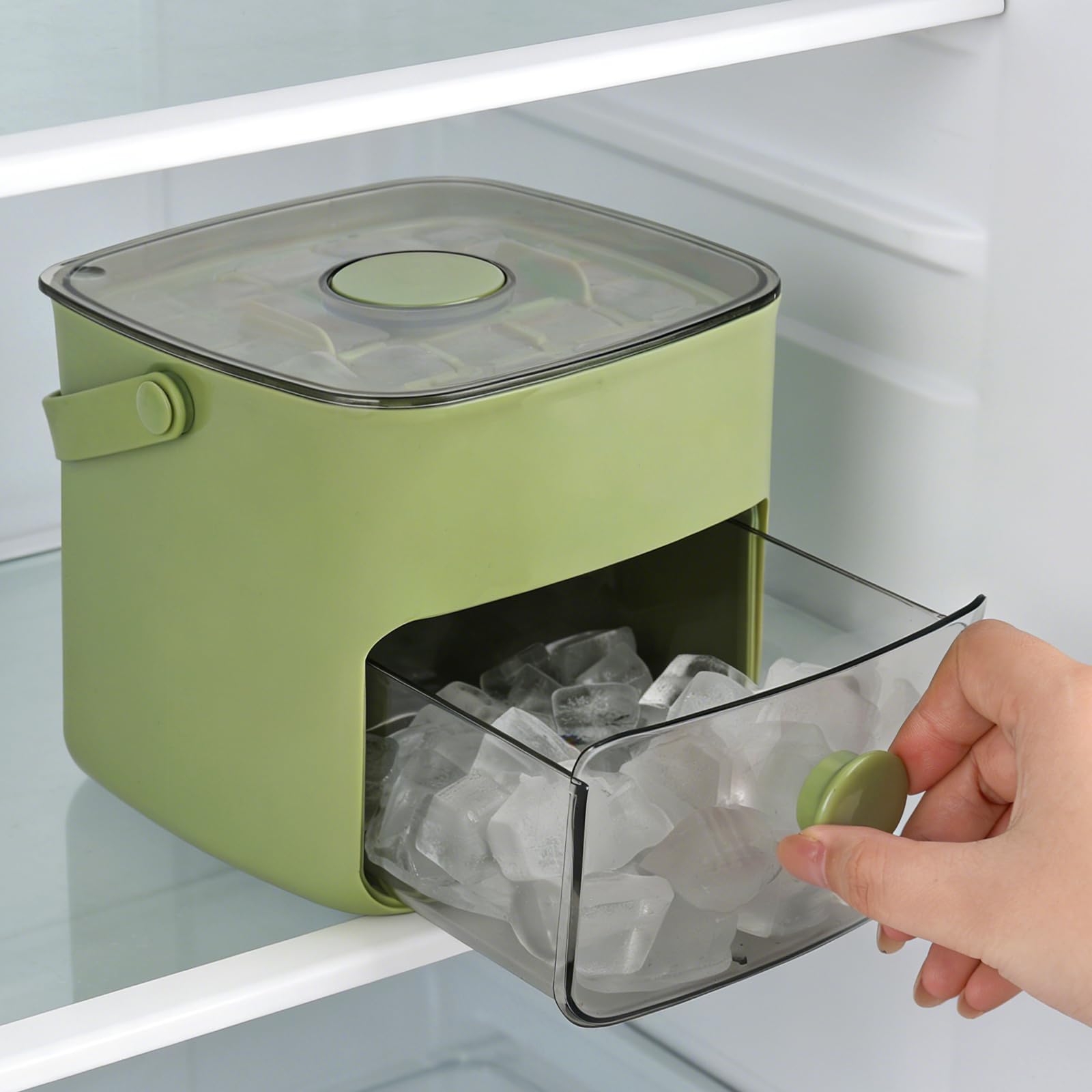 Ice Cube Maker Easy Press Ice Maker Machine Counter Top Release All Ice Cubes in One Second, 48 Ice Cube Tray Storage Box with Handle, Ice Tongs & Basket, ice Machines for Home/Office/Bar-Green