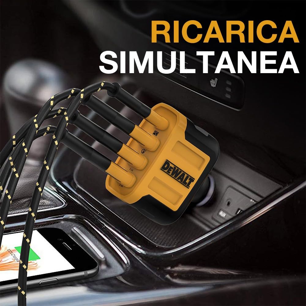 DEWALT Caricabatteria da auto USB C DEWALT, adattatore per caricabatteria rapido da auto a 4 porte da 60 W, caricabatteria da auto Pd tipo C compatibile con iPhone 16/15/Samsung, caricabatteria USB