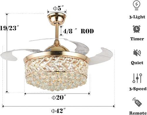 Miniatura 5 de Fandian Ventilador de techo moderno de cristal de 42 pulgadas con control remoto de luces, cuchillas retráctiles, iluminación de 3 cambios de color,