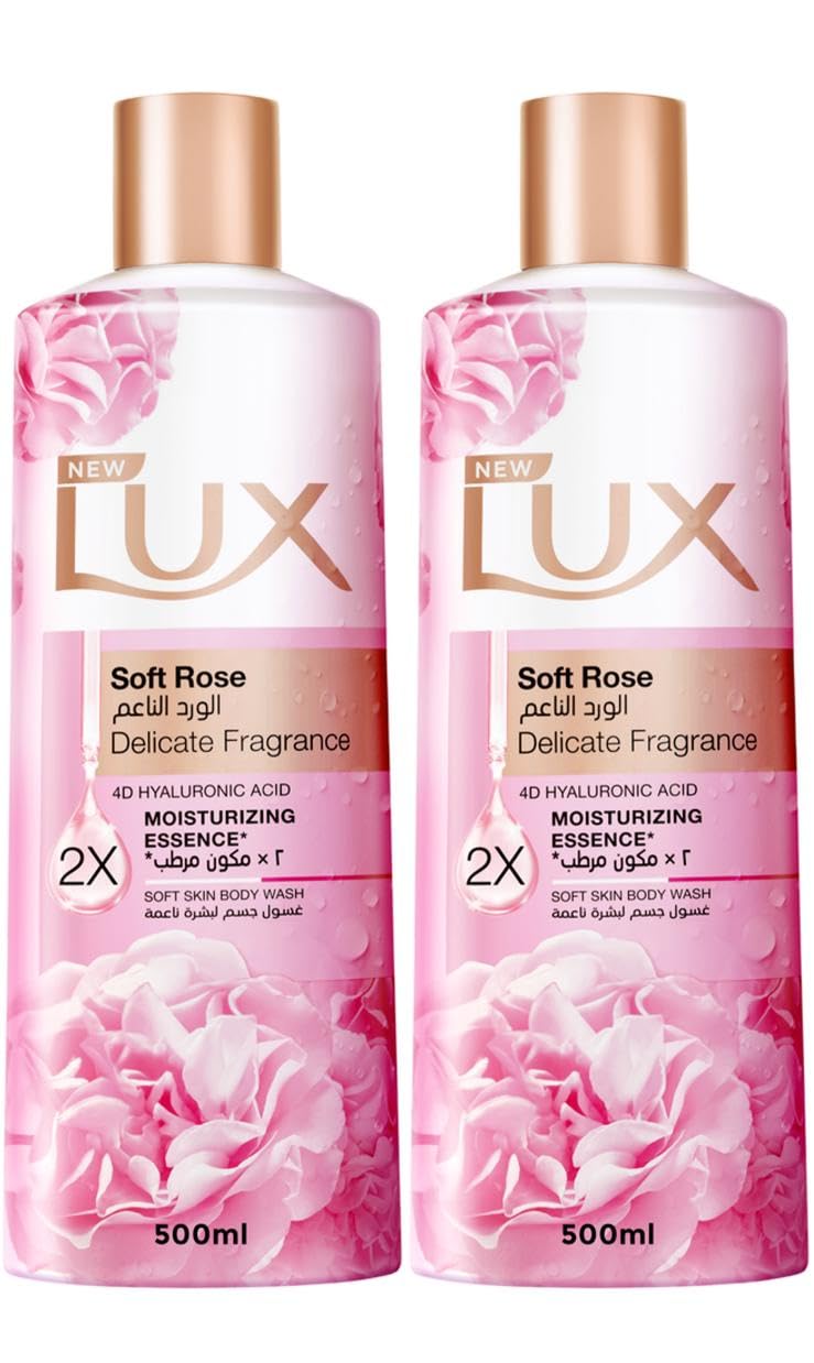 LUX Delicate Fragrance Body Wash, Soft Rose, 2x Moisturizing Essence, with 4D Hyaluronic Acid, 500ml x 2
