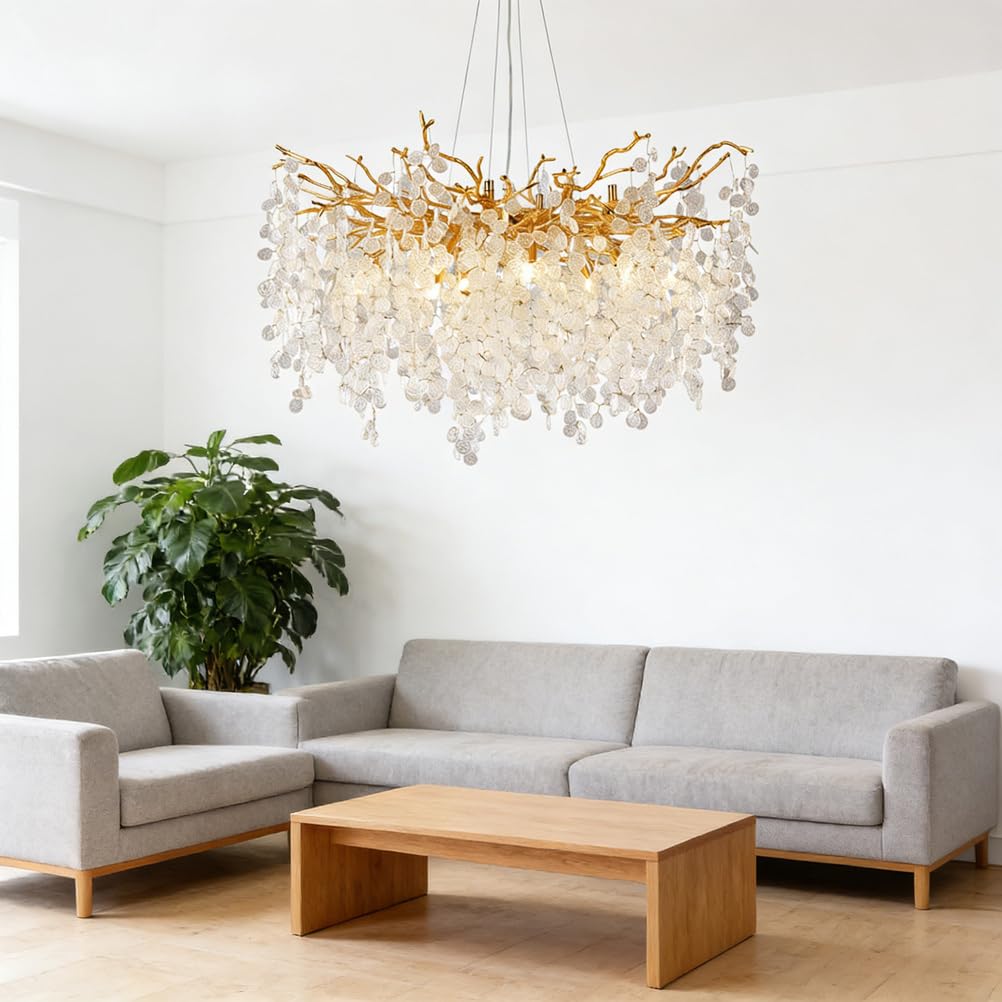 KXEcoLife Modern Crystal Tree Branch Chandelier, D100cm Round Raindrop Indoor Hanging Pendant Light Fixture for Dining Room Living Bedroom 14 Lights