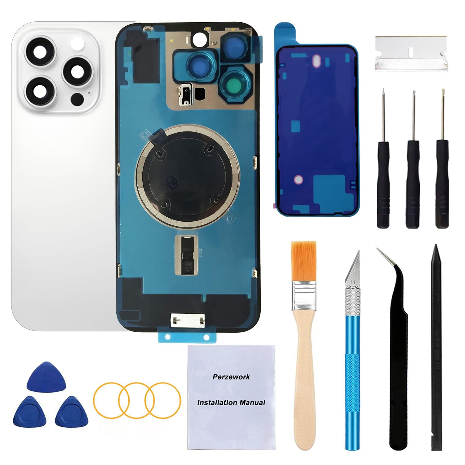 Photo 1 of Perzework Rear Back Glass Replacement for iPhone 16 Pro 6.3-inches with Reparing Tool Kit + Pre-Installed Plate and Camera Frame and Lens + Reparing Tool Kit (White Titanium)