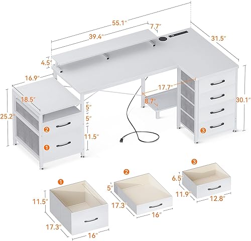 Miniatura 3 de KKL Escritorio para computadora en forma de L con cajones de archivos, 3 tomas de corriente y 2 puertos USB, escritorio de oficina en casa de 72