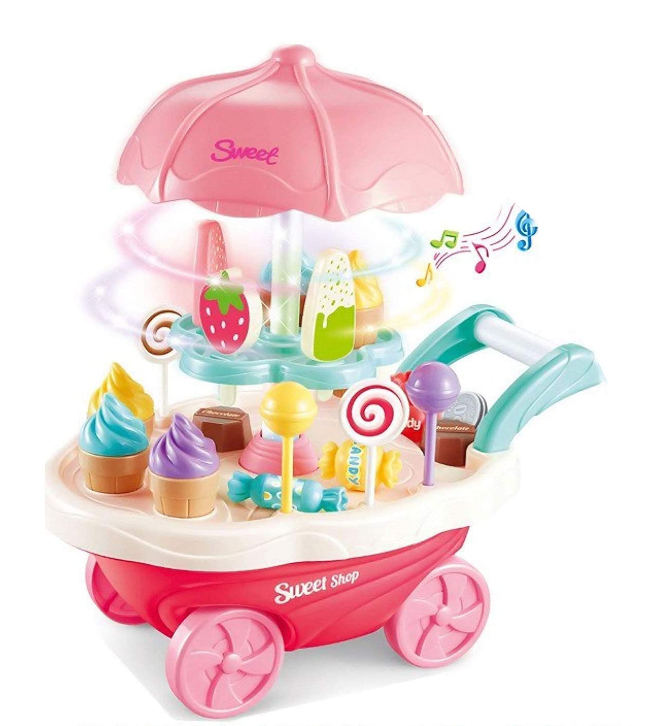 Magicwand® Pretend Play Sweet Shop Set with ,360 Revolving , Lighting & Music 4 Wheels Carrying Case Cart【Sweet Shop 30 Pcs】【2 Yrs & Up】【Pack of 1】【Multi-Colored】
