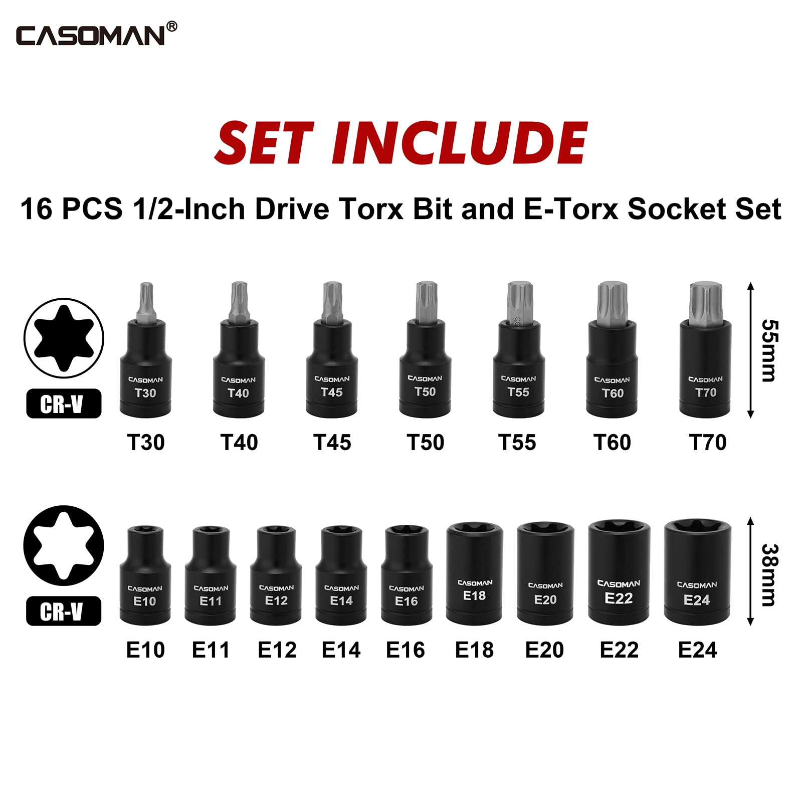 CASOMAN Set di 16 punte TorxBit da 1/2", Torx/Star: T30 T40 T45 T50 T55 T60 T70; E-Torx: E10 E11 E12 E14 E16 E18 E20 E22 E24; CR-V e S2
