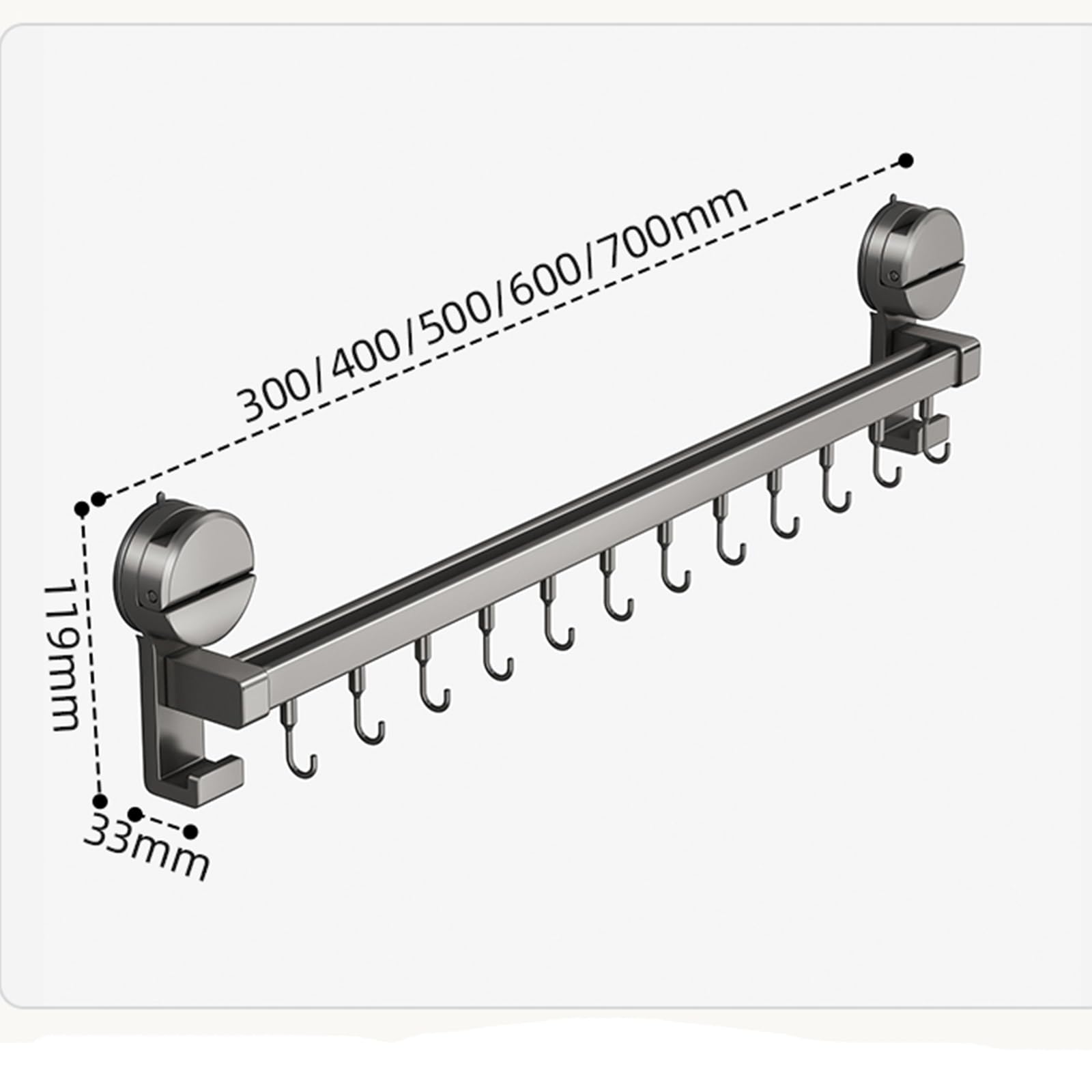 Ganchos de cocina autoadhesivos, no requiere taladrar, color negro, para colgar en la pared, para ollas y cuchillos, 40 cm con 8 ganchos (12 ganchos de 60 cm)