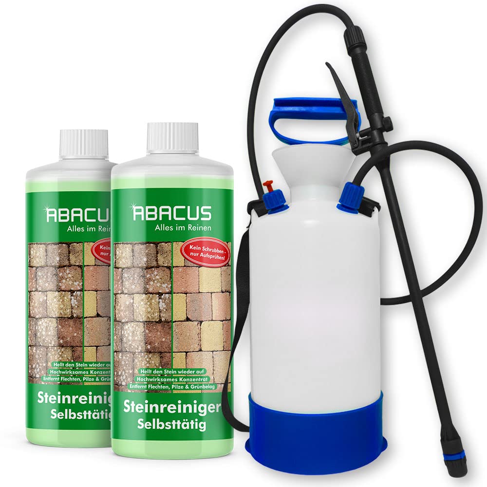 ABACUS® Steinreiniger Set Selbsttätiger Algenentferner & Flechtenentferner, 40% Wirkstoff, inkl. Drucksprüher 2x1000 ml