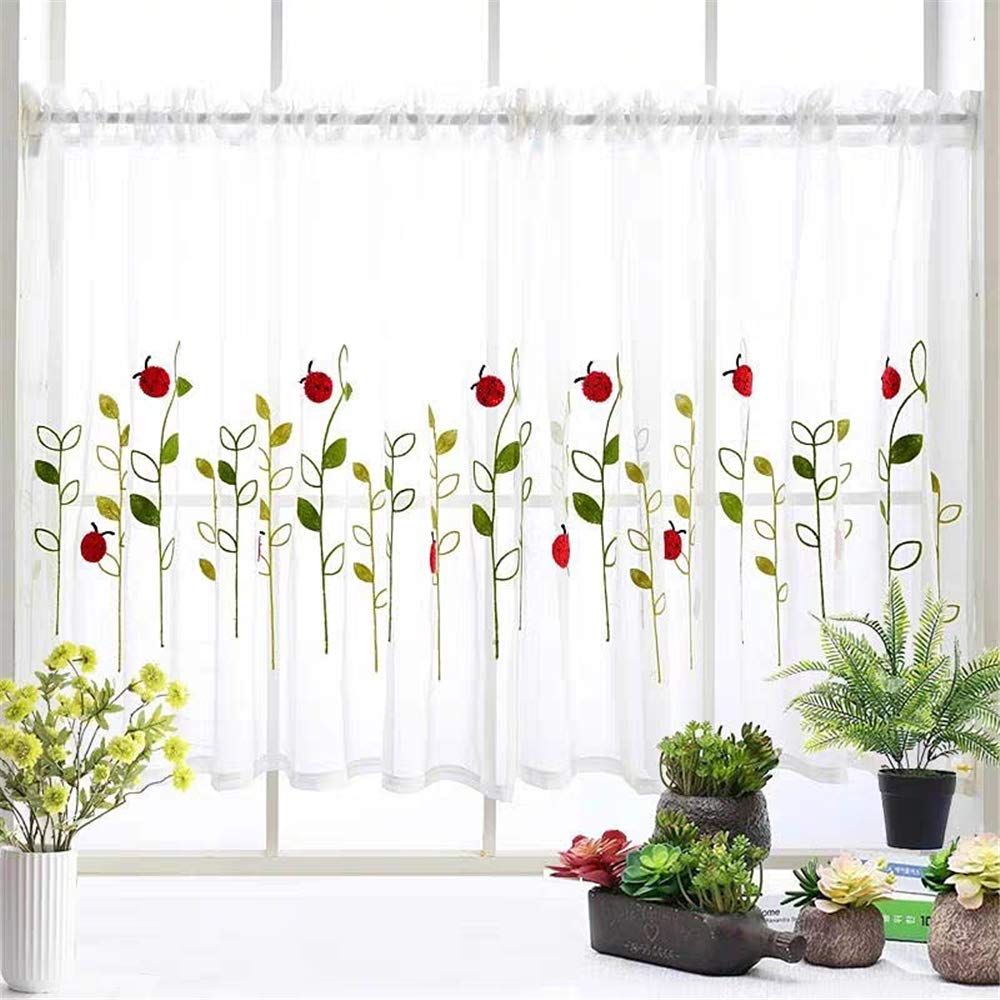 Linen Sheer Curtain Valances Set for Kitchen Basement Small Windows Door  Panel Ladybug Green Leaves Embroidery Rod Pocket Voile Window Treatments ...