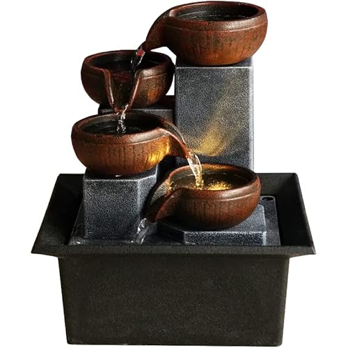Indoor 4-Tier Relaxation Tabletop Fountain Waterfall Function，with Warm Color LED Lights and 3-Level Adjustable Water Pump for Home and Office Decoration Brown
