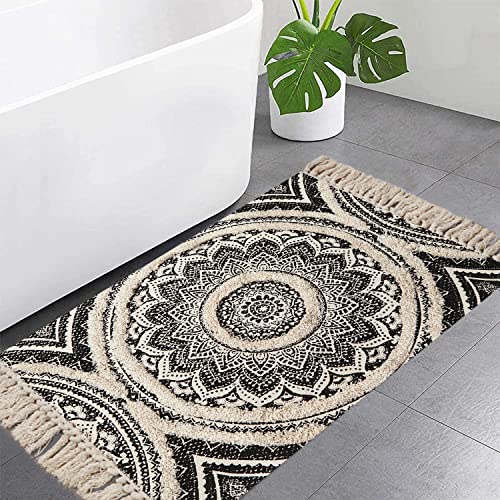Leevan Small Boho Bathroom Rug 2' X 3' Tufted Machine Washable Throw Rugs Bohemian Mandala Area Rug With Tassels Hand Woven Farmhouse Kitchen Sink Rug For Laundry Room/Bedroom,Cream And Black #TOP3