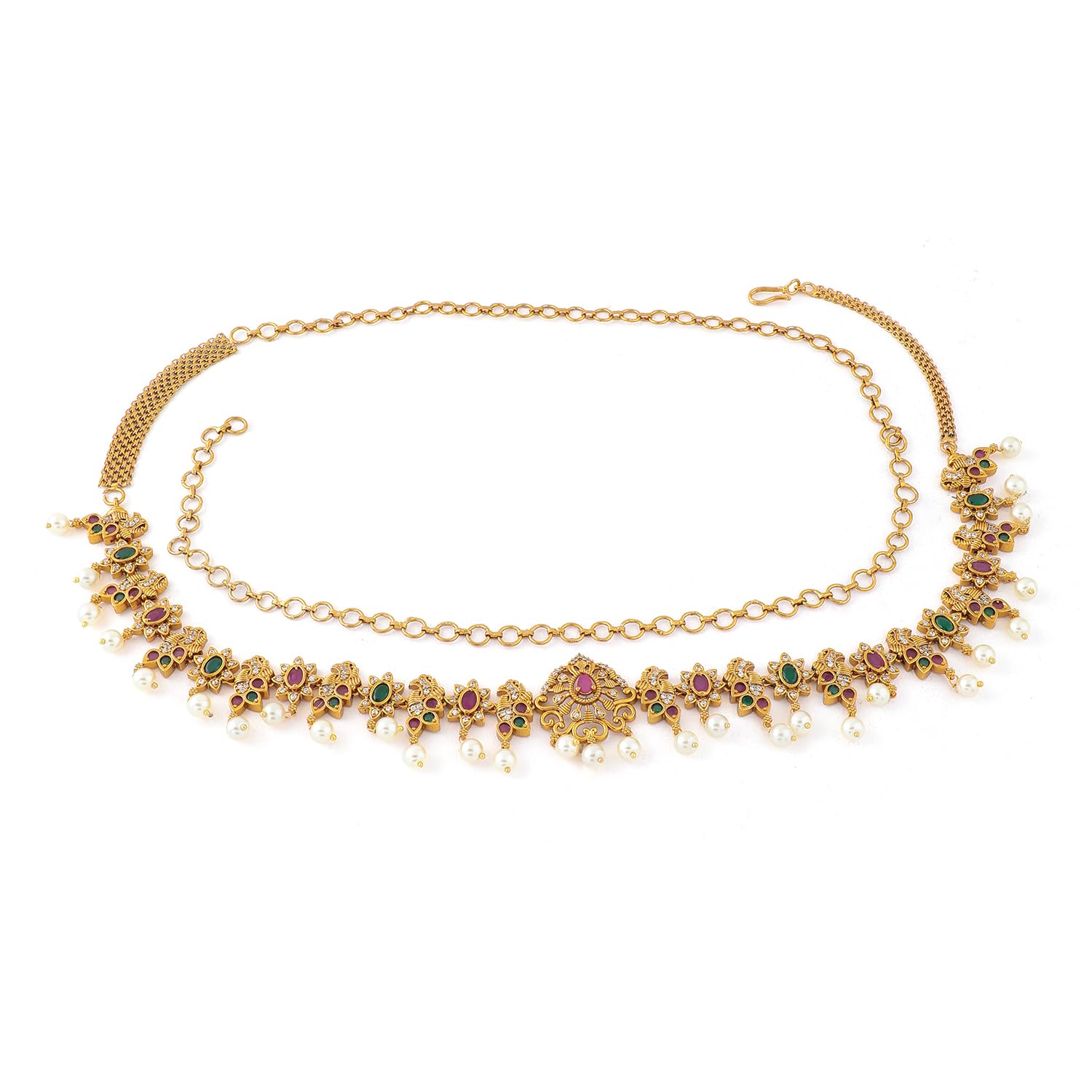 22K Gold-Plated Ruby Pink Emerald Green & White Cubic Zirconia Studded Pearl Beaded Floral Traditional Kamarbandh for Women & Girls – Perfect for Weddings & Festive Styling