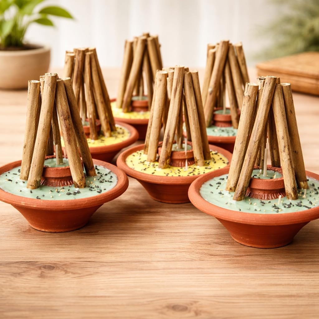 MAGIKAL Holika Dahan Terracotta Clay Diya Candles with Wooden Sticks Eco-Friendly Festive Decor Traditional Indian Handicraft for Celebration 4